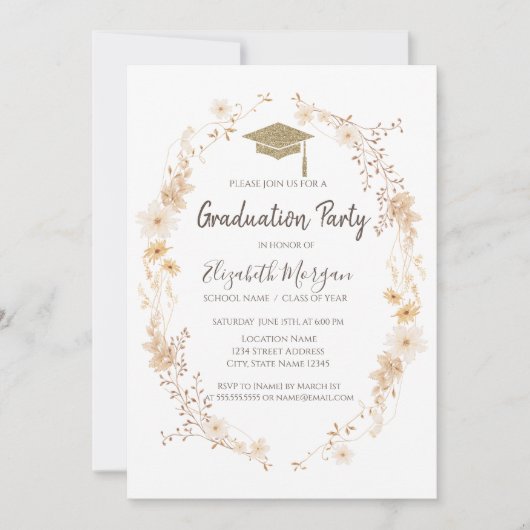 Watercolor Meadow Flowers Glitter Cap Graduation  招待状 (正面)