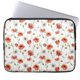 Watercolor Meadow Poppies And White Wildflowers  ラップトップスリーブ