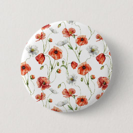 Watercolor Meadow Poppies And White Wildflowers  缶バッジ