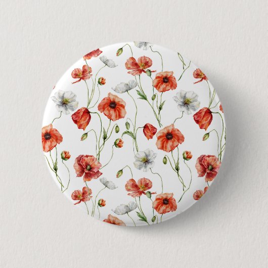 Watercolor Meadow Poppies And White Wildflowers  缶バッジ (正面)