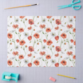 Watercolor Meadow Poppies And White Wildflowers  薄葉紙