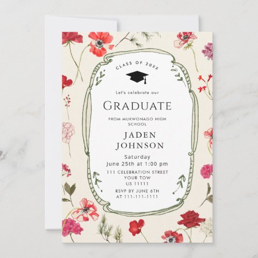 Watercolor Meadow Wildflower Boho Graduation Party 招待状 (正面)