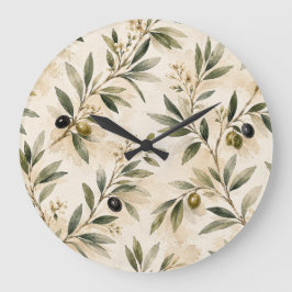 Watercolor Mediterranean Olive Branch Clock ラージ壁時計