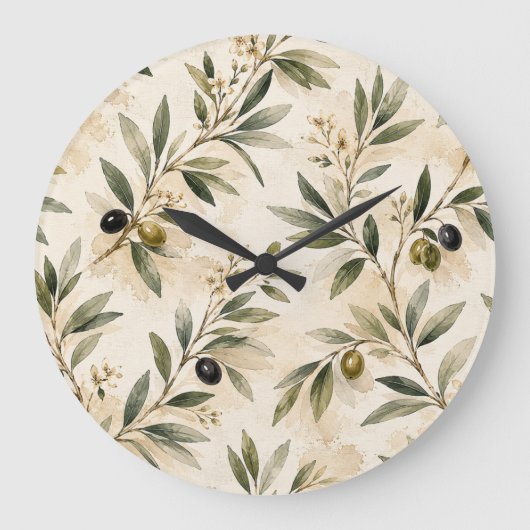 Watercolor Mediterranean Olive Branch Clock ラージ壁時計 (正面)
