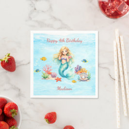 Watercolor Mermaid Birthday スタンダードカクテルナプキン