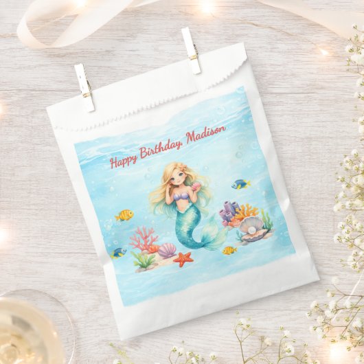 Watercolor Mermaid Birthday フェイバーバッグ (クリップ留めされた状態)