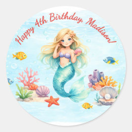 Watercolor Mermaid Birthday ラウンドシール