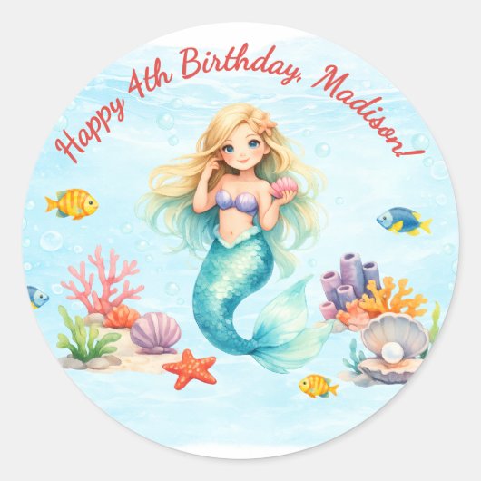 Watercolor Mermaid Birthday ラウンドシール (正面)