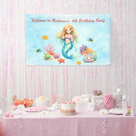 Watercolor Mermaid Birthday 横断幕 (パーティー)