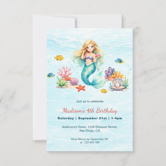 Watercolor Mermaid Birthday Invitation 招待状 (正面)