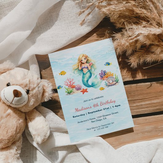 Watercolor Mermaid Birthday Invitation 招待状