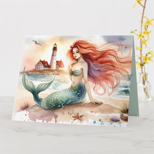 Watercolor Mermaid by Lighthouse Shore カード (黄色い花)