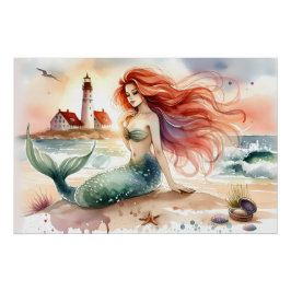Watercolor Mermaid by Lighthouse Shore ポスター