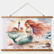 Watercolor Mermaid by Lighthouse Shore