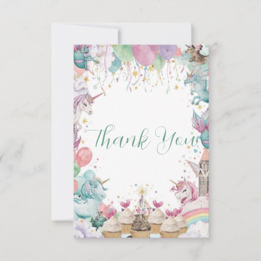 Watercolor Mermaid Unicorn Rainbow Birthday サンキューカード (正面)