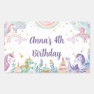 Watercolor Mermaid Unicorn Rainbow Birthday Favor 長方形シール