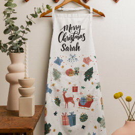Watercolor Merry Christmas Pattern | Cooking Apron エプロン