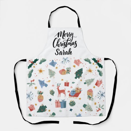 Watercolor Merry Christmas Pattern | Cooking Apron エプロン (正面)