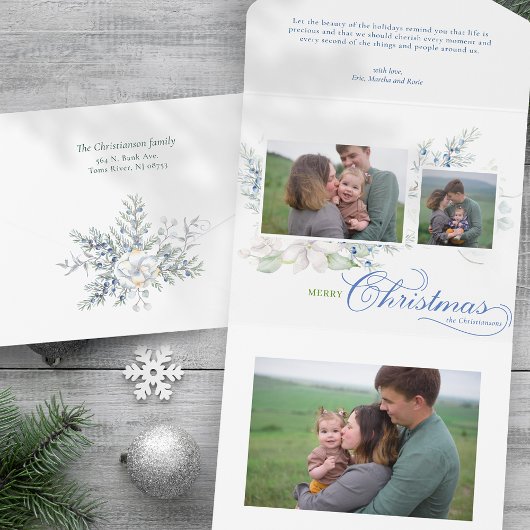 Watercolor Merry Christmas Script Juniper 3-Photo オールインワン招待状