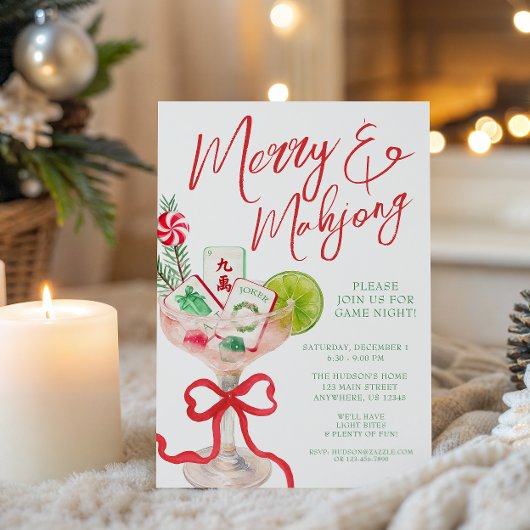 Watercolor Merry Mahjong Christmas Cocktail Party 招待状