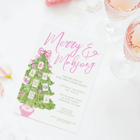 Watercolor Merry & Mahjong Christmas Tree Party 招待状