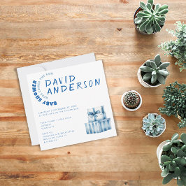 Watercolor minimalist baby shower boy 招待状