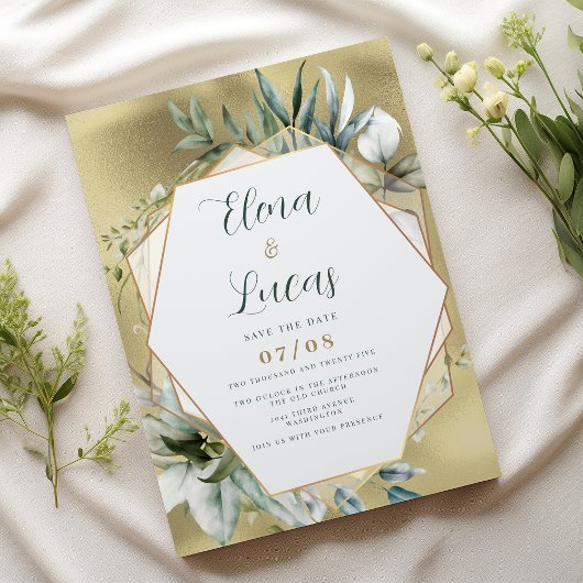Watercolor mint gold foliage geometric wedding 招待状