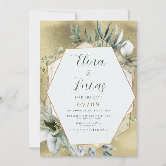 Watercolor mint gold foliage geometric wedding 招待状 (正面)
