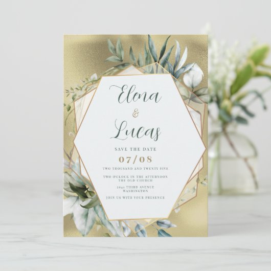 Watercolor mint gold foliage geometric wedding 招待状 (スタンド正面)