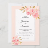 Watercolor mint pastel pink floral Wedding 招待状 (正面)