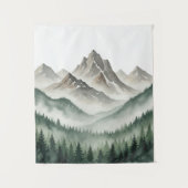 Watercolor Misty Mountain and Pine Forest Tapestry タペストリー (正面)