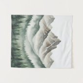 Watercolor Misty Mountain and Pine Forest Tapestry タペストリー (正面(横))