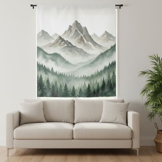 Watercolor Misty Mountain and Pine Forest Tapestry タペストリー