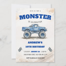 Watercolor Modern Blue Monster Truck Boy Birthday  招待状