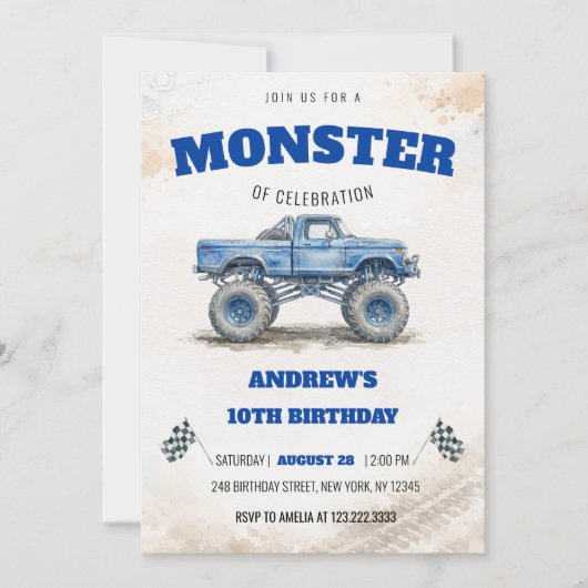 Watercolor Modern Blue Monster Truck Boy Birthday 招待状 (正面)