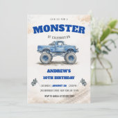 Watercolor Modern Blue Monster Truck Boy Birthday 招待状 (スタンド正面)