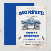 Watercolor Modern Blue Monster Truck Boy Birthday 招待状 (正面/裏面)