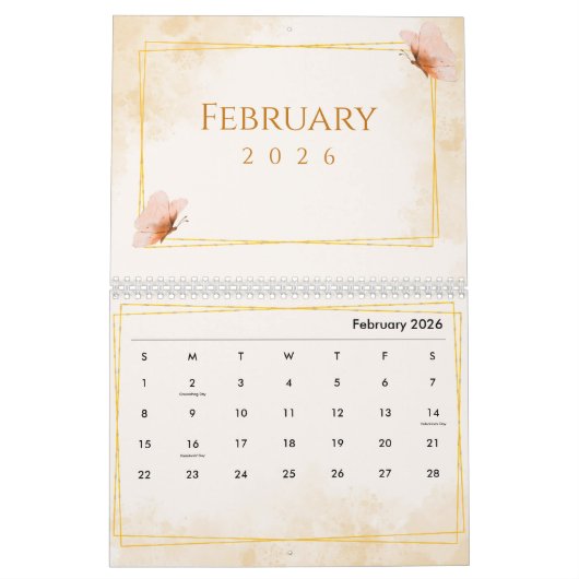 Watercolor Modern Butterfly Aesthetic カレンダー (2月 2026)