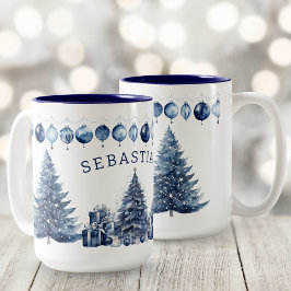 Watercolor Modern Navy Blue Christmas Tree Name ツートーンマグカップ