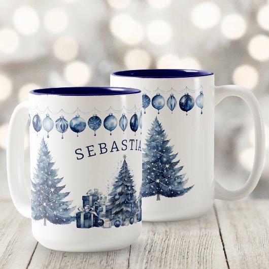 Watercolor Modern Navy Blue Christmas Tree Name ツートーンマグカップ