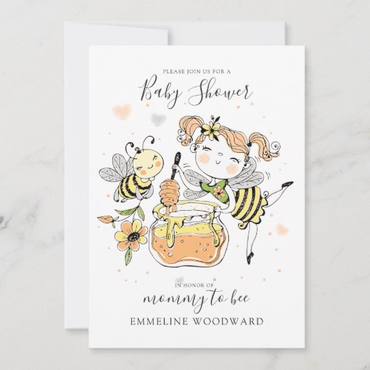 Watercolor Mommy To Bee Baby Shower  招待状 (正面)