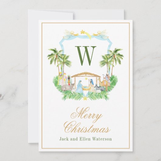 Watercolor Monogram Initial Nativity Crest シーズンカード (正面)