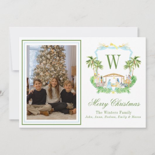 Watercolor Monogram Initial Nativity Crest Photo シーズンカード (正面)