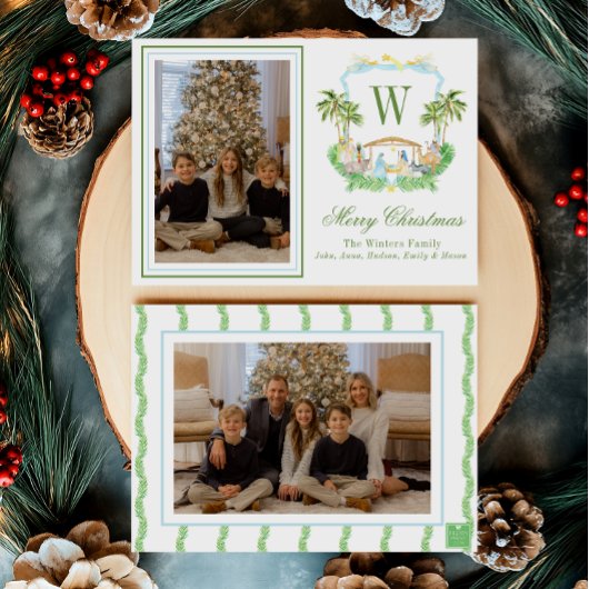 Watercolor Monogram Initial Nativity Crest Photo シーズンカード