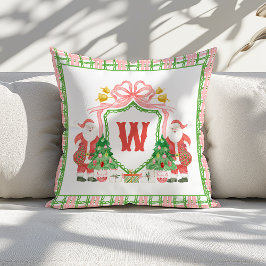 Watercolor Monogram Initial Plaid Santa Crest クッション