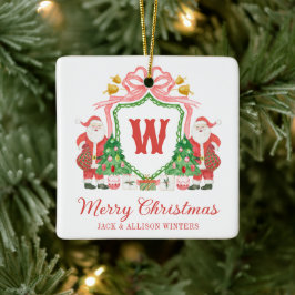 Watercolor Monogram Initial Santa Crest セラミックオーナメント