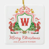 Watercolor Monogram Initial Santa Crest セラミックオーナメント (正面)