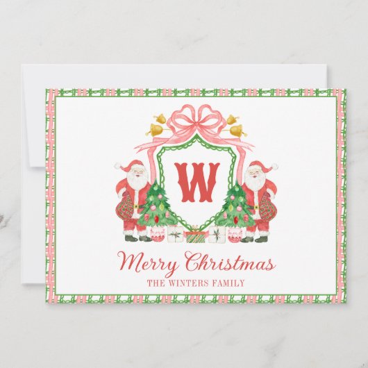 Watercolor Monogram Initial Santa Crest Photo シーズンカード (正面)