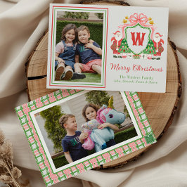 Watercolor Monogram Initial Santa Crest Photo シーズンカード