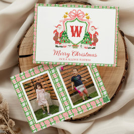 Watercolor Monogram Initial Santa Crest Photo シーズンカード